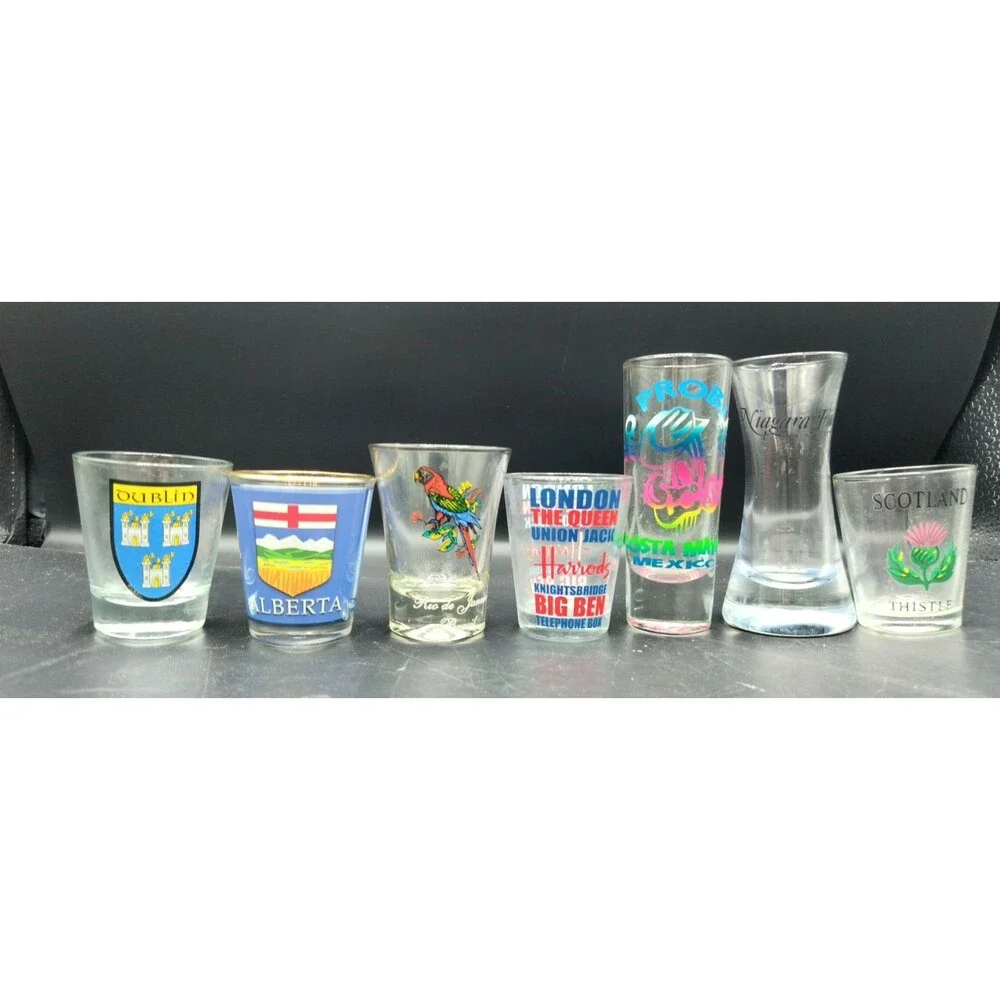 Lot of 7 Country Souvenir Shot Glasses Mexico England Dublin Canada Brazil Scotl